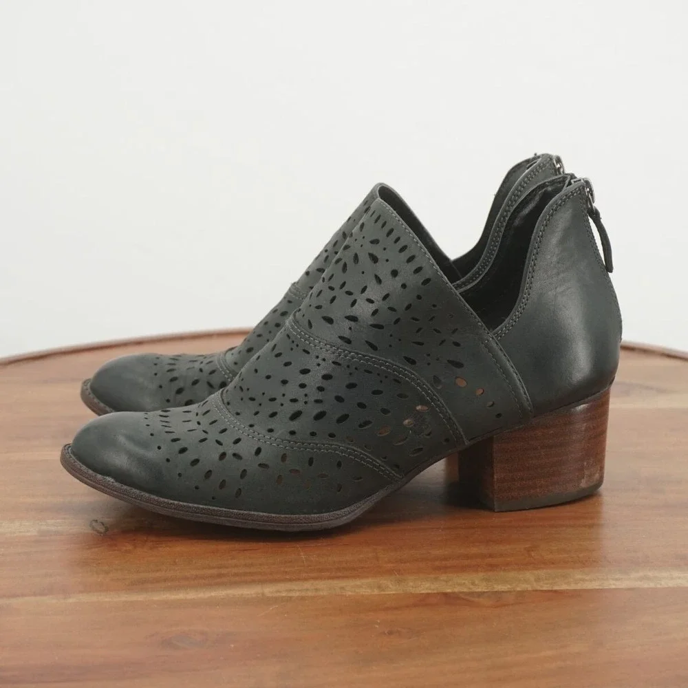 Sofft Black Perforated Leather Ankle Booties with Wood Block Heel